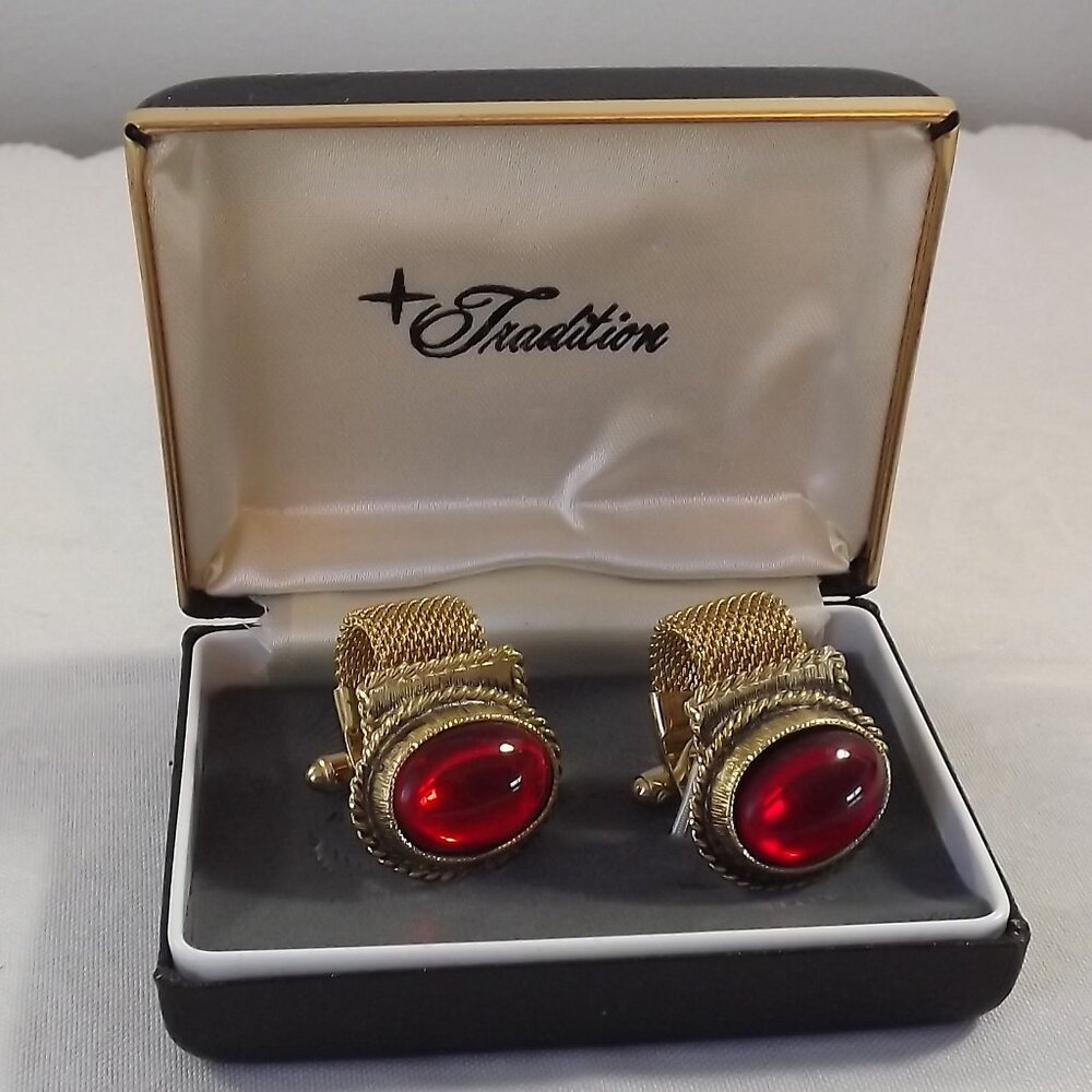 Gold Mesh and Red Cufflinks